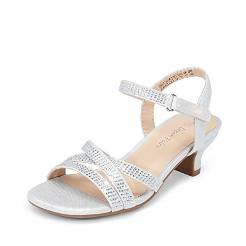 Image of DREAM PAIRS Girls Sandals Low Heel Ankle Strap Open Toe Sandals Wedding Party Bridesmaid for Little Kid/Big Kid,Size 2 Big Kid,Silver,SDSD2315K