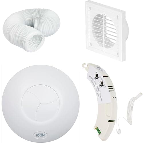 Image of Airflow iCON 15 (19l/s) Bathroom Extractor Fan Kit with Adjustable Humidity, Timer Overrun (2-45Mins) & Pull Cord Module - Includes 3m PVC Ducting & Vent Cover - 9.7W Energy Efficient, 3-Year Warranty