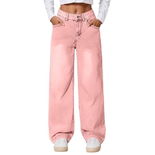 Image of Straight Leg Jeans for Women, Trendy High Waisted Stretchy Wide Leg Loose Mid-Rise Microelastic Boyfriend Style 90S Denim Pants M A-1-Pink