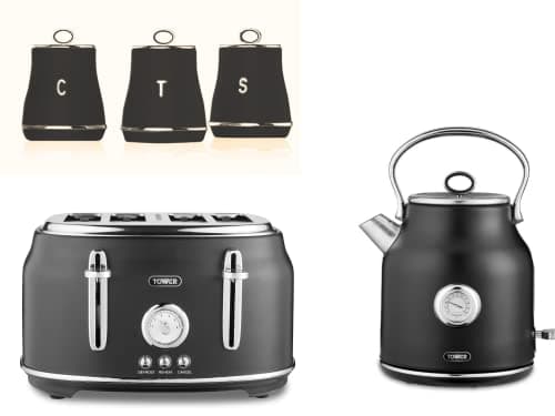 Image of Tower Renaissance 1.7L 3KW Kettle, 4 Slice Toaster & Kitchen Storage Canisters. Matching Kitchen Set of 5 in Black