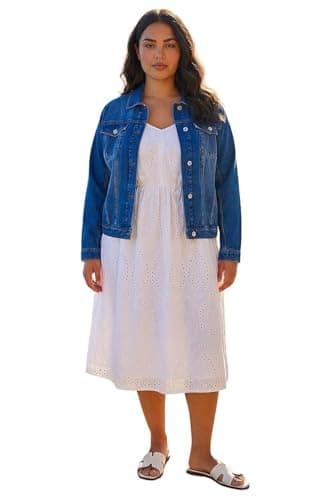 Image of Roman Originals Jean Denim Jacket for Women UK Ladies 100% Cotton Summer Casual Stretch Crop Smart Utility Trucker Biker Fitted Vintage Wash Faded Classic Work Twill - Blue Plus - Size 16