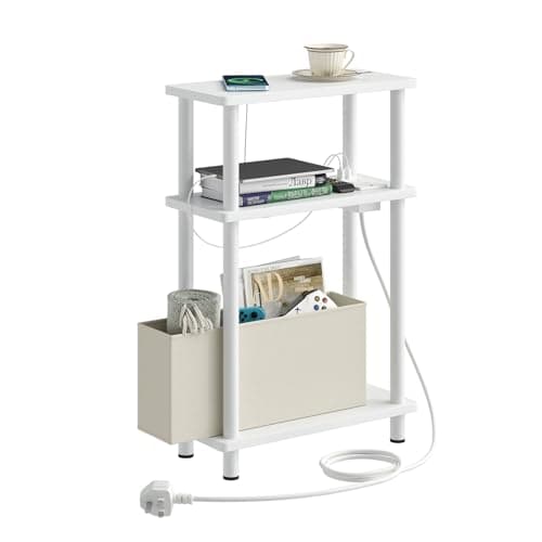 Image of APICIZON Narrow Side Table, 3 Tier Bed Side Table, Slim End Table with Charging Station, for Living Room, Bedroom, Small Nightstand with Magazine Rack, White(with a storage box and charging station)