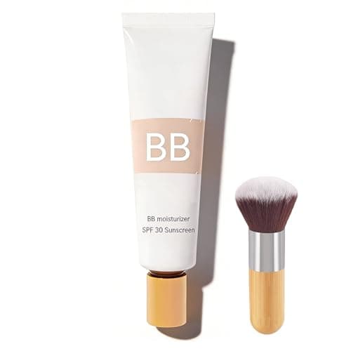 Image of BB Tinted Moisturiser SPF 30, 2-in-1 Face Concealer & Hydrating Foundation, Smooths & Evens Skin Tone, Lightweight Cream with Makeup Brush Included, Natural Finish (A)
