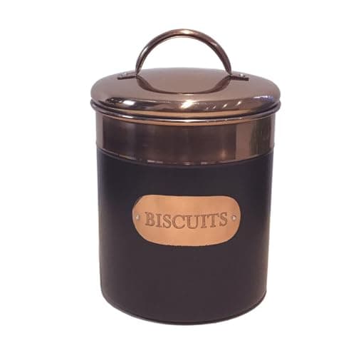Image of Black & Copper Metal Airtight Biscuit Cookie Storage Tin Box Canister