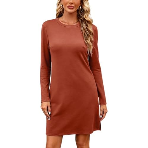 Image of Gkaopi Women Dress Long Sleeve Midi Dresses Elegant Crew Neck Short T Shirt Casual Dress Simple Loose Lightweight Solid Color A Line Dresses with Split for Fall Winter Brick Red