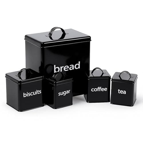 Image of Oypla 5 Piece Black Kitchen Canister Storage Tin Set Bread Biscuits Tea Sugar Coffee