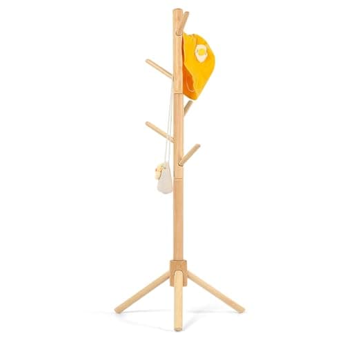 Image of Relquorax Beech Wood Kids Coat Rack - Adjustable Height Stand with 9 Hooks, Freestanding Children's Clothing Organizer for Hallway, Bedroom, Easy Assembly (Natural)