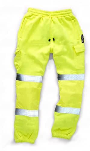Image of LIZZIE JACOBS Mens Hi Viz Jogging Bottoms Safety Combat Trousers Sweat Pants Hi Vis Work Fleece Trousers High Visibility Reflective Workwear Cargo Joggers (UK, Alpha, 5XL, Regular, Regular, Yellow)