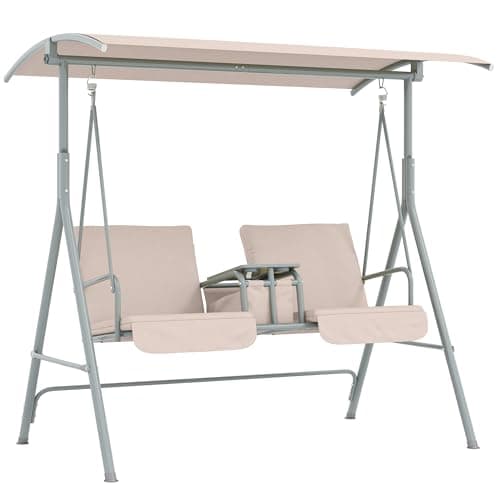 Image of Outsunny 2 Seater Garden Swing Chair Patio Rocking Bench w/Tilting Canopy, Double Padded Seats, Storage Bag and Tray, Beige