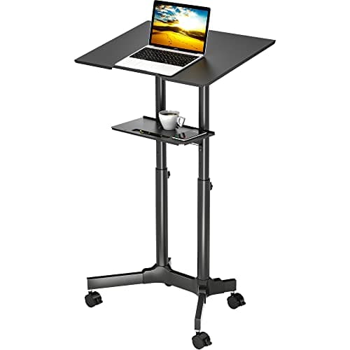 Image of BONTEC Adjustable Mobile Laptop Desk, Rolling Stand-Up Desk with Wheels, 60x40 cm Height Adjustable, Portable Podium, Ergonomic Tilted Top Platform, Mobile Workstation for Home Office