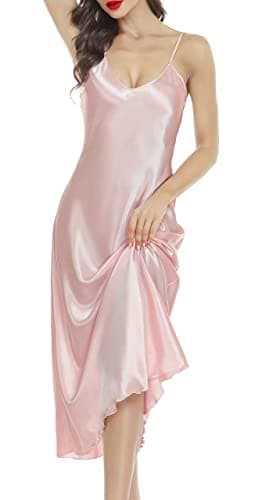 Image of Lovasy Satin Nightdress for Women UK Long Negligees Strap Chemise Silk Nighties for Women V Neck Full Slips Sleepwear Nightwear,Pink,M