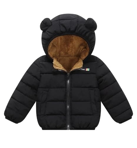 Image of Baby Boy Winter Warm Puffer Jacket Faux Fur Fleece Outerwear Puffy Zip Up Clothes Quilted Hooded Coats Black 12-24 Months