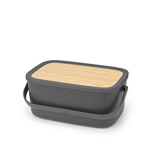 Image of Brabantia Large Bread Bin with Wooden Serving Board and Handle - Dark Grey
