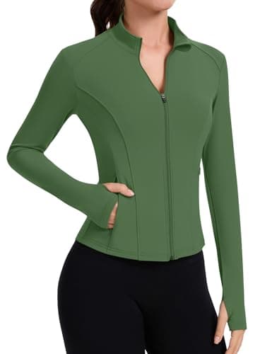 Image of IECCP Womens Sport Jacket Gym Tops Running Shirts Long Sleeve Workout Fitess Activewear T-Shirt Breathable Yoga Tops with Thumb Hole and Zip Side Pocket Army Green L