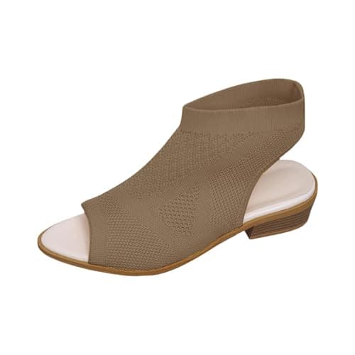 Image of Wide Fit Sandals For Women Womens Toe Stacked Heeled Cutout Knit Slingback Block Heel Breathable Bride Work Dress Shoes (Brown, 5) Feet Elegant Uk Arch Support High With Heels Wedge Sandles