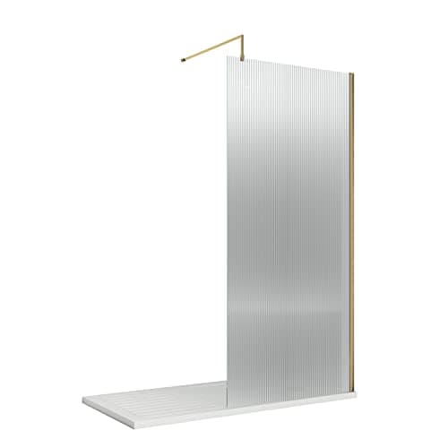 Image of Hudson Reed WRFL19580BB Fluted Modern Bathroom Fluted 8mm Toughened Safety Glass Wetroom Screen with Support Arm, 1950mm x 800mm, Brushed Brass