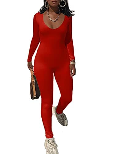 Image of FeMereina Women's Sexy Bodycon Long Sleeve Square Neck One Piece Romper Ribbed Knit Yoga JumpsuitWorkout Unitard Playsuit Backless Cute Club (Red#1, S)