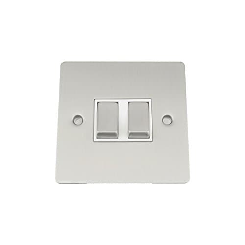 Image of Light Switch 2 Gang - Satin Matt Chrome Flat - White - Metal Rocker - 10 Amp Double Switch 2 Way