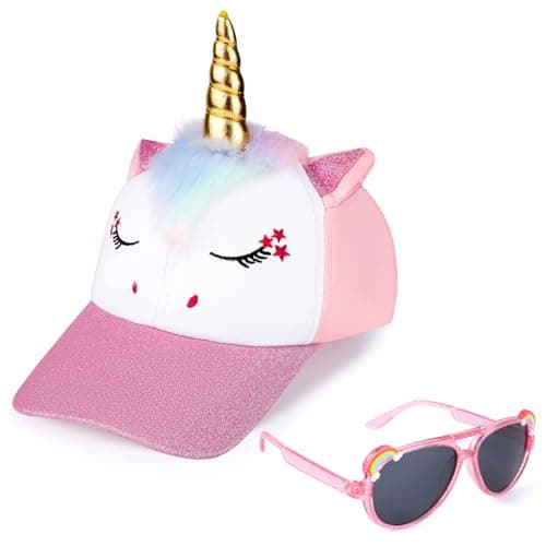 Image of Hifot Unicorn Baseball Cap Sunglasses Set for Kids, Cute Unicorn with Horn Trucker Hat Adjustable Baseball Hat Girls Gift for Summer Outdoor Sports Travel Hat Pink
