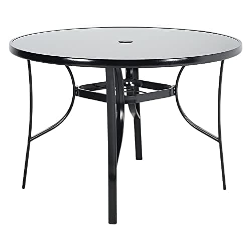 Image of The Fellie Garden Table Outdoor Dining Table with Parasol Hole Tempered Glass Top Coffee Table Patio Table (Round-105 x 105 x 70.5cm)