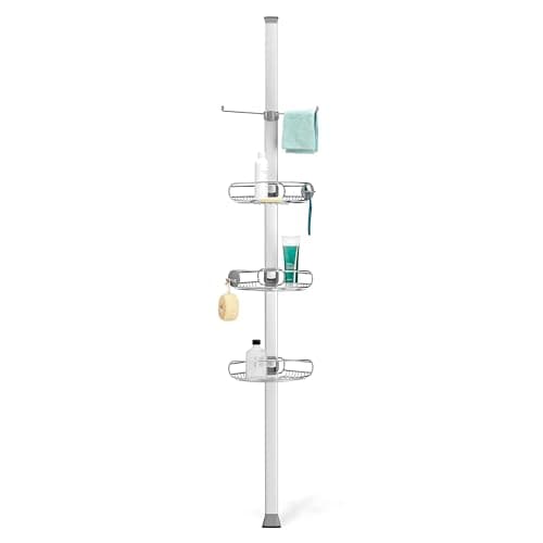 Image of simplehuman BT1062 Large Tension Shower Caddy, Telescopic Corner Bathroom Shelf Storage Organiser, Extends 1.8m to 2.7m, Easy to Install, No Drilling, Rustproof, Adjustable Shelves, Storage Hooks