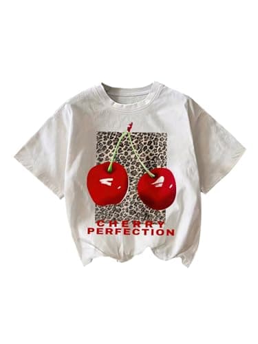 Image of GORGLITTER Women's Leopard Cherry Print Short Sleeve T Shirts Letter Graphic Crewneck Going Out Tops White Leopard Small