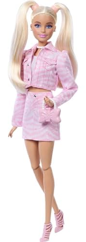 Image of Barbie Deluxe Style Doll #9 in Pink Denim Outfit, Blonde Hair, Matching Jacket and Skirt Set with Accessories Like Bow Clutch and Pearly Jewelry