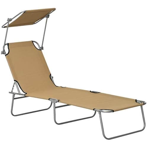 Image of Outsunny Outdoor Foldable Sun Lounger, 4 Level Adjustable Backrest Reclining Sun Lounger Chair with Angle Adjust Sun Shade Awning for Beach, Garden, Patio, Tan