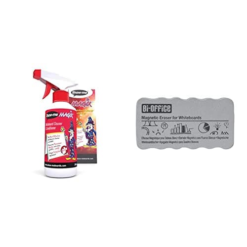 Image of Show-Me MAGIX Whiteboard Cleaner, Cleaner For Drywipe Boards, Versatile & Easy-To-Use Whiteboard Cleaner & Ballpoint Pen - 250ml & Bi-Office Light Weight Magnetic Board Eraser,Grey,105 x 55 x 23 mm