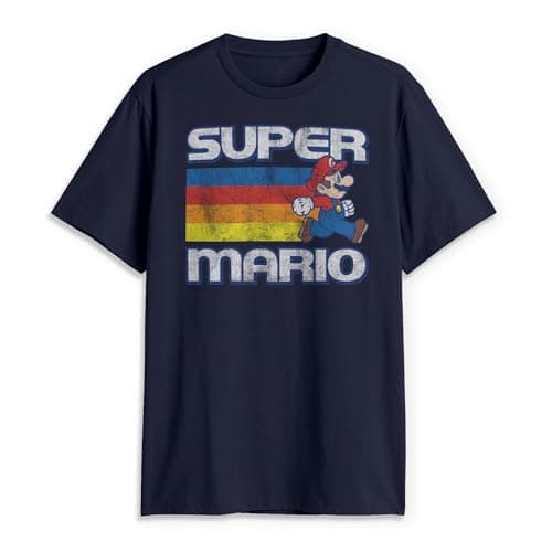 Image of Nintendo Men's Super Mario Running Retro Stripe T Shirt, Navy Blue, L UK
