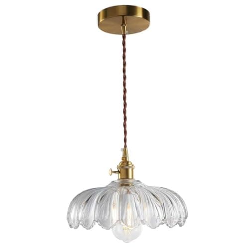 Image of XZHGCEE Glass Pendant Light Fixture with Clear Flower Shade: Vintage Hanging Lights for Kitchen, Dining Room, Bedroom - Rotating Switch & 33-168cm Adjustable Height
