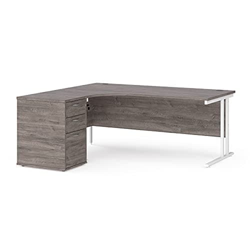 Image of Mr Office Maestro 25 left hand ergonomic desk with white cantilever frame and desk high pedestal bundle, Grey oak, 1800