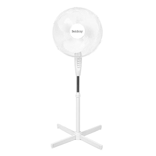 Image of Beldray EH3196 Pedestal Stand Fan - 16" Electric Standing Cooling Fan, Oscillating Head, Circulates Cool Air, Adjustable Height To 1.25m, 3 Speed Settings, Spiral Blade Mesh Guard, 45W, White