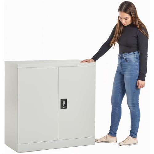 Image of MMT Office Storage Cabinet, Metal Office Storage Cupboard with Lock, 2 Door Filing Cabinet 2 Adjustable Shelf, Garage, Workshop, Pantry Utility Cupboard, Powder Coated Grey, 80cm Wide