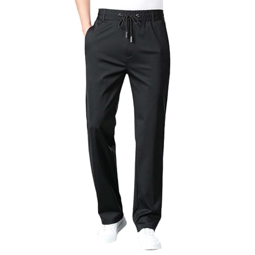 Image of Mens Work Trousers Stretch Fit Formal Trousers Men Business Casual Pants Plus Size Baggy Trousers Wrinkle-Resistant Straight Leg Flat Pants Outdoor Pants with Drawstring Chef Trousers Mens Black