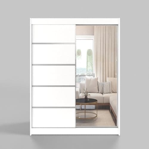 Image of Gaba furniture White Series 120 cm Sliding Door Wardrobe with Mirror Widths 100/120/150/180/200/250 cm Furniture for Bedroom Living Room Wardrobe with Hanging Rail