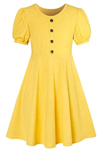 Image of SFreeBo Girls Dress Size 7/8 Summer Yellow Cotton Lantern Short Sleeve Dresses Girls Cute Dress Kids Elasticity Casual Midi Sundress Yellow Dress Girls for 7-8years