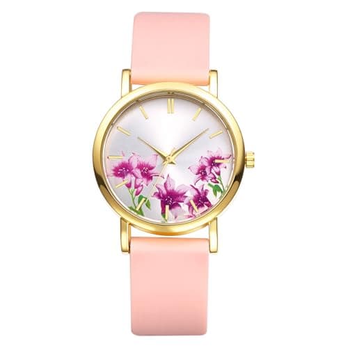 Image of JewelryWe Silicone Watch for Women - Simple Flower Painted Dial Analog Quartz Watches Elegant Cute Pink Wristwatch for Ladies Students