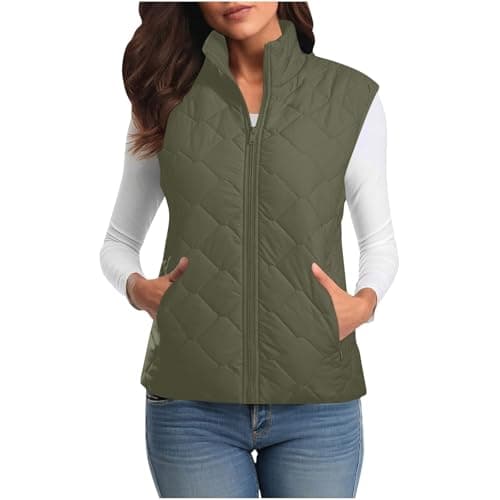 Image of Flodxo Women's Gilets Lightweight Sleeveless Puffer Jackets-Winter Warm Padded Coats,Full Zip Body Warmer,Stand Collar Quilted Waistcoat,Down Thermal Vest,Army Green,L