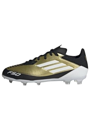 Image of adidas Unisex Kids F50 League Messi Football Boots Firm Ground, Gold Metallic/Cloud White/Core Black, 2.5 UK