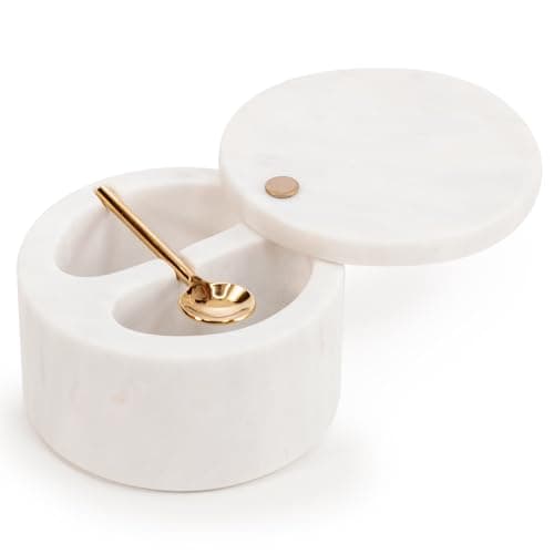Image of EHC Salt & Pepper Holder, Spice & Herbs Container, Marble Pinch Pot with Swivel Magnetic Lid and Serving Spoon, Salt Celler for Dining Table, Spice Storage Bowl with Compartment, Spice Bath, White