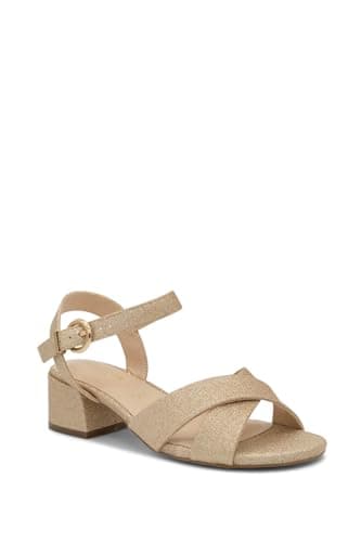 Image of Paradox London Neala Wide Fit Low Block Heel Ankle Strap Sandals with Crossover Straps, Shimmer Material, 4.5cm Heel (Champagne, UK Footwear Size System, Adult, Women, Numeric, Wide, 6)