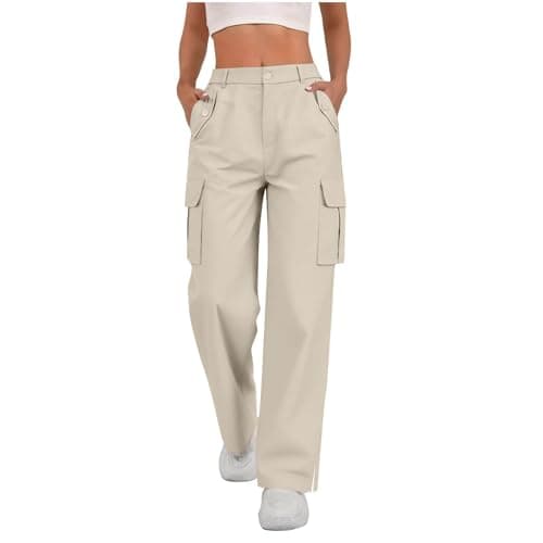 Image of AnnSemo Womens Cargo Trousers Button Elasticated Waist Combat Pants 4 Pockets Cargo Trousers with Ankle Vents Ladies Workwear Plain Casual Streetwear Outdoor Hiking Walking Beige