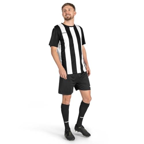 Image of FORZA Men’s Striped Short Sleeve Football Kits – Football Jersey Kits for Adults | Full Football Shirts, Shorts & Socks Set [5 Colours, XS-XXL] (UK, Alpha, S, Regular, Regular, Black and White)
