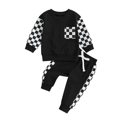 Image of XIXIMAON Baby Boy Spring Autumn Outfits Long Sleeve Crew Neck Sweatshirt Tops Elastic Joggers 2 Piece Toddler Tracksuit Newborn Checkerboard Clothes (Black, 2-3 Years)
