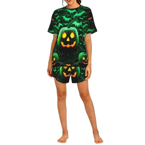 Image of "Artypop" Womens Pajama Sets Soft Pjs Sets Summer Loung,E Sets Green Ghost Horror Halloween Pajamas Round-Neck Top And Shorts Nightwear Sleepwear With Pockets S-3xl
