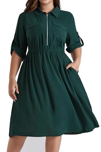 Image of Hanna Nikole Women's Plus Size Adjustable 3/4 Sleeve Midi Dresses V-Neck Lapel A-Line Summer Dresses Elastic Waist Casual Dresses with Pockets Dark Green 22