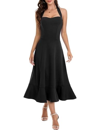 Image of DRESSTELLS Litte Black Cocktail Halter Dresses for Women, Sexy Formal Wedding Guest Tea Length Split Ruffle, Graduation Prom Church Evening Party 2025 Summer Dress Petite Black S