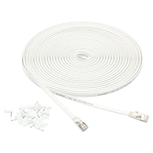 Image of Amazon Basics RJ45 Cat 7 Ethernet Patch Cable, Flat, 600MHz, Snagless, Gold Plated, LAN Network, Includes 20 Nails, 50 Foot, White