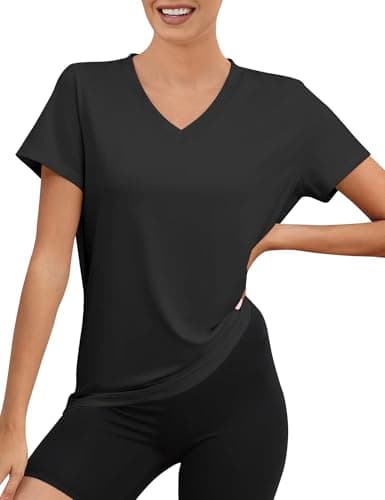 Image of Rapbin Women's Gym Shirts V Neck Short Sleeve Workout Running Tops Quick Dry UV Protection UPF 50+ Activewear Loose Sports T-Shirt(Black,L)